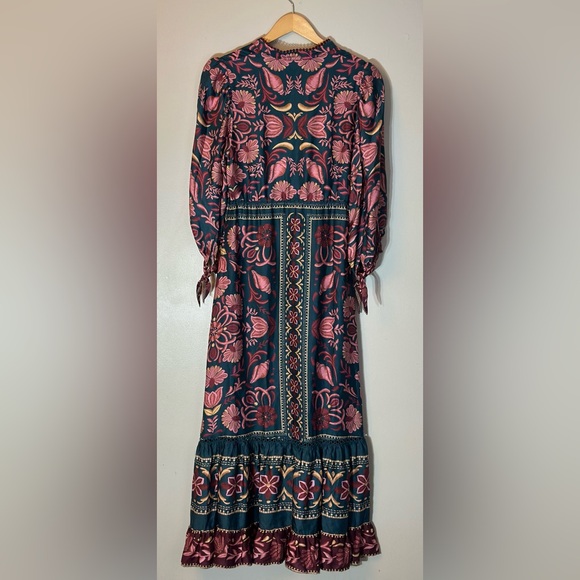 FARM Rio Teal Maxi Dress with Pink Floral Print 3/4 length Sleeve Boho Size S - Picture 2 of 11